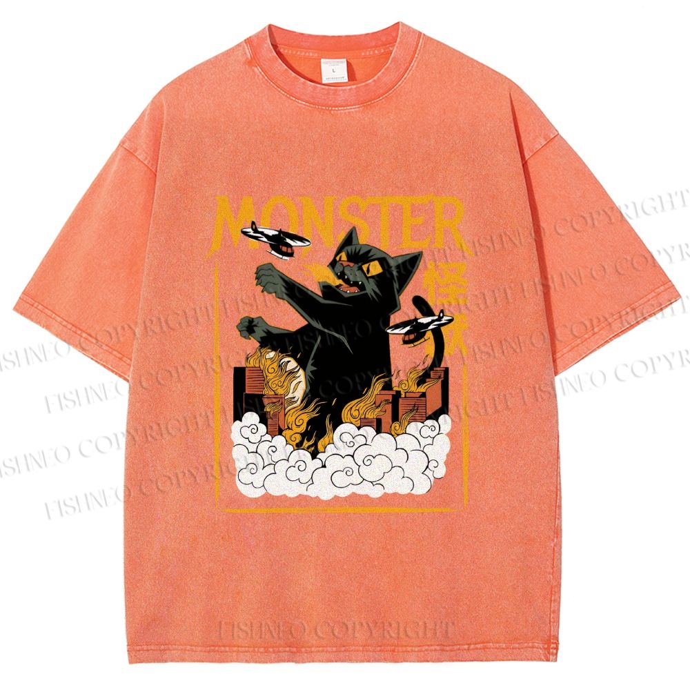 Unisex Giant Black Cat Monster Attack City Printed Washed Tee