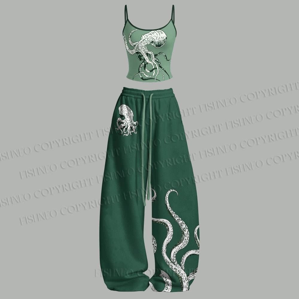 Vintage Green Octopus Top & Elasticated Trousers Two-Piece Set