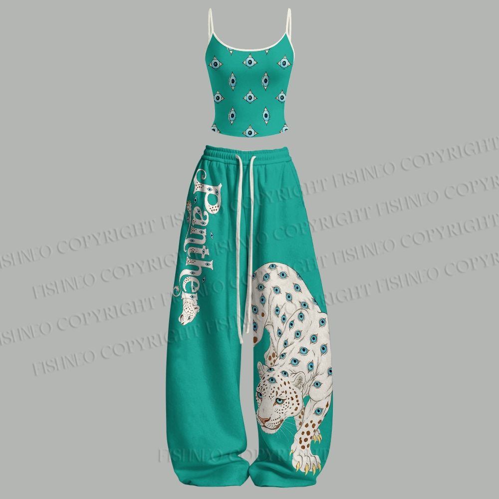 White Panther With Eyes Top & Elasticated Trousers Two-Piece Set