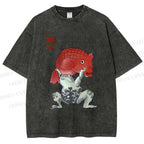 Unisex Frog Carrying A Red Fish Printed Washed Tee