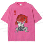Unisex Frog Carrying A Red Fish Printed Washed Tee