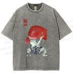 Unisex Frog Carrying A Red Fish Printed Washed Tee