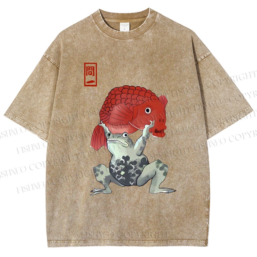 Unisex Frog Carrying A Red Fish Printed Washed Tee