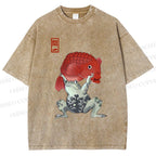 Unisex Frog Carrying A Red Fish Printed Washed Tee