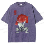 Unisex Frog Carrying A Red Fish Printed Washed Tee