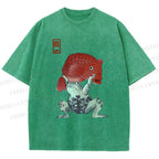 Unisex Frog Carrying A Red Fish Printed Washed Tee