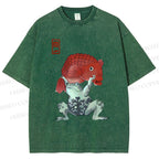 Unisex Frog Carrying A Red Fish Printed Washed Tee