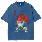 Unisex Frog Carrying A Red Fish Printed Washed Tee