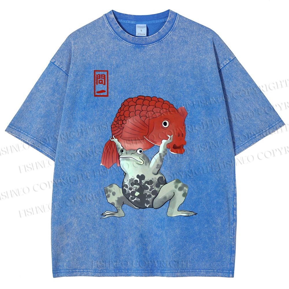 Unisex Frog Carrying A Red Fish Printed Washed Tee