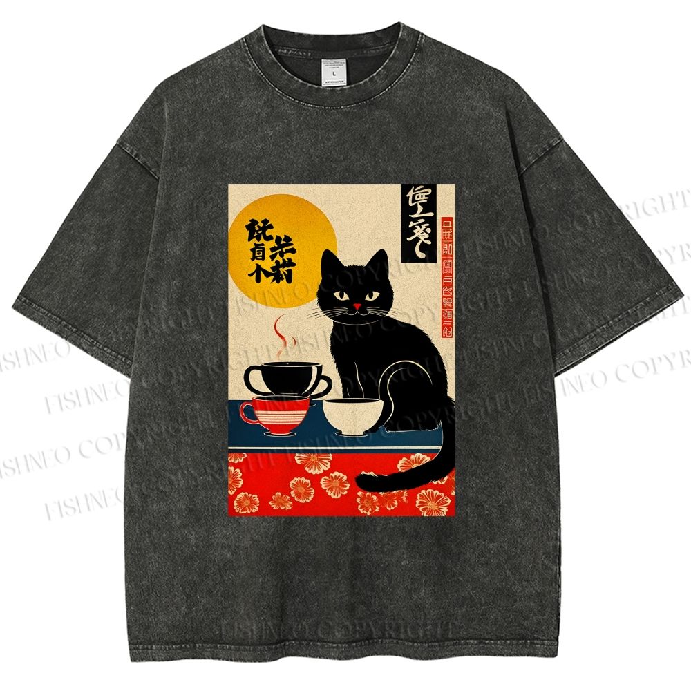 Unisex Cat With Coffee Cups Printed Washed Tee