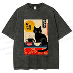 Unisex Cat With Coffee Cups Printed Washed Tee