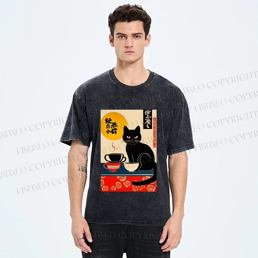 Unisex Cat With Coffee Cups Printed Washed Tee