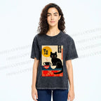 Unisex Cat With Coffee Cups Printed Washed Tee