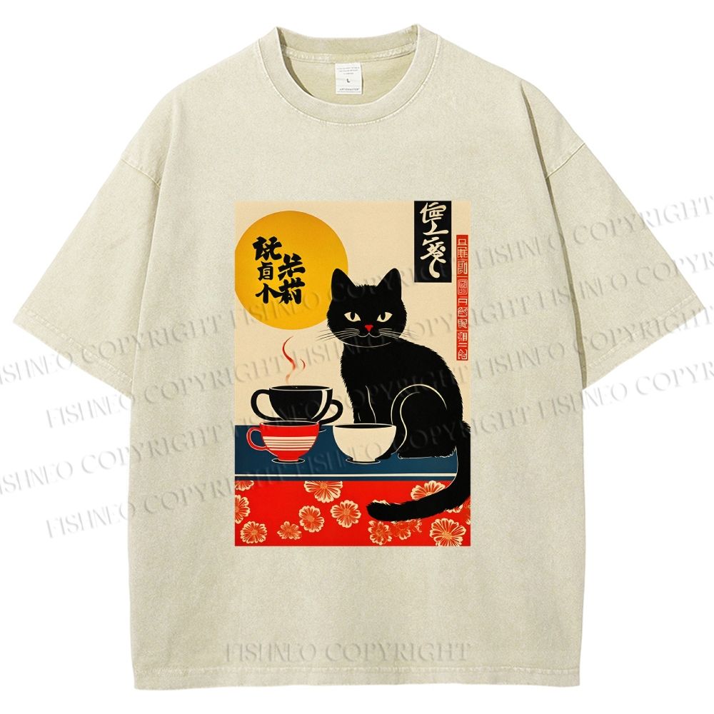 Unisex Cat With Coffee Cups Printed Washed Tee