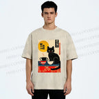 Unisex Cat With Coffee Cups Printed Washed Tee