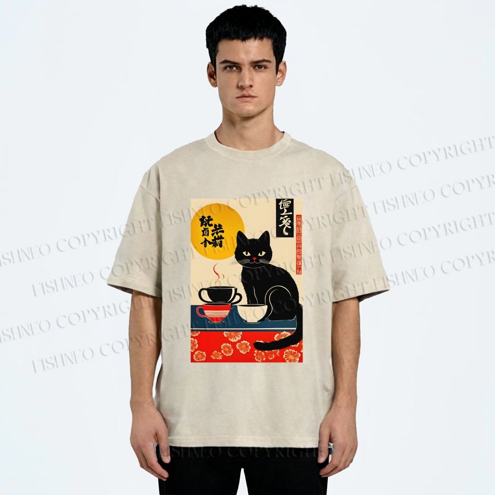 Unisex Cat With Coffee Cups Printed Washed Tee