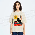 Unisex Cat With Coffee Cups Printed Washed Tee