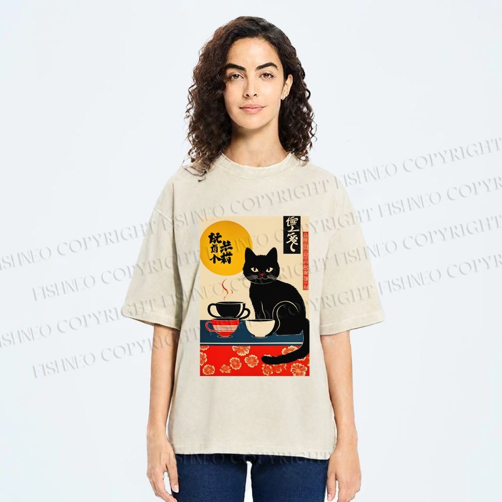 Unisex Cat With Coffee Cups Printed Washed Tee