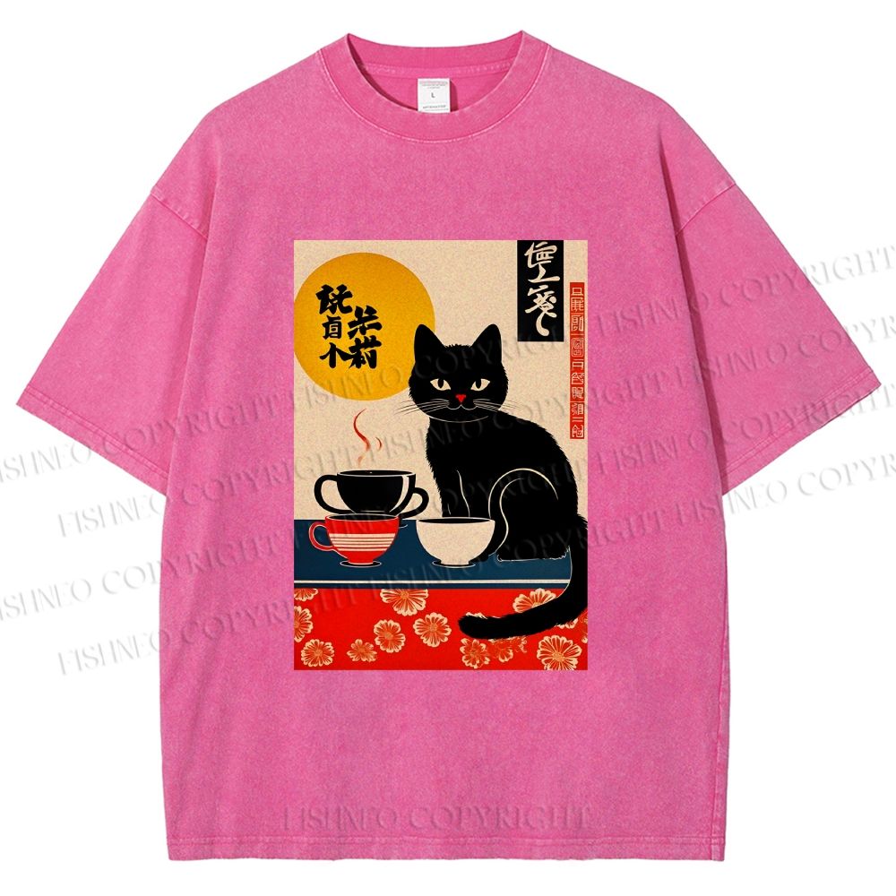 Unisex Cat With Coffee Cups Printed Washed Tee