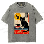 Unisex Cat With Coffee Cups Printed Washed Tee