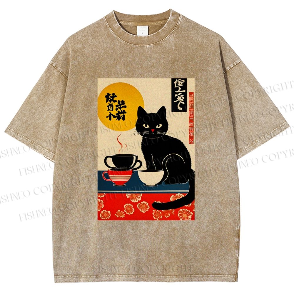 Unisex Cat With Coffee Cups Printed Washed Tee