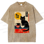 Unisex Cat With Coffee Cups Printed Washed Tee