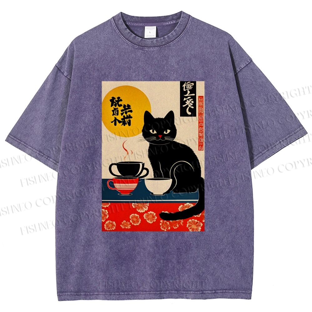 Unisex Cat With Coffee Cups Printed Washed Tee