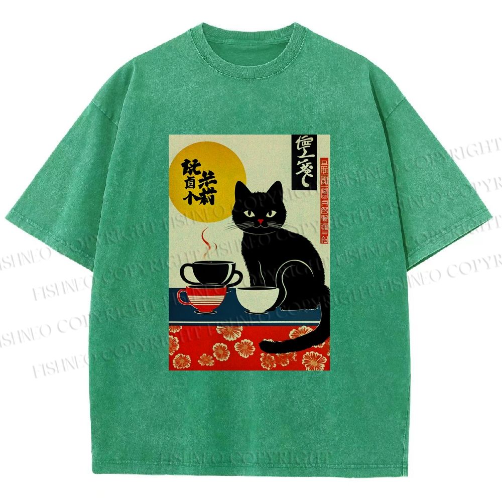 Unisex Cat With Coffee Cups Printed Washed Tee