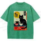 Unisex Cat With Coffee Cups Printed Washed Tee
