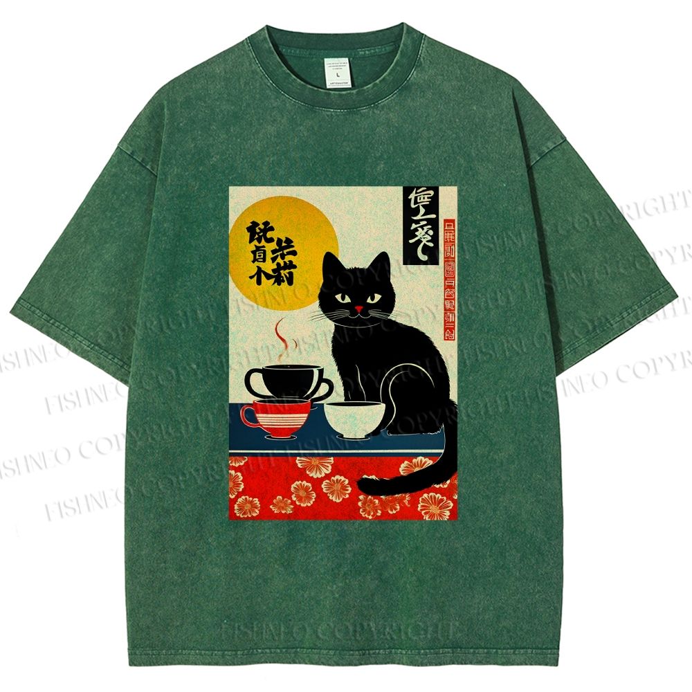 Unisex Cat With Coffee Cups Printed Washed Tee