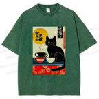Unisex Cat With Coffee Cups Printed Washed Tee