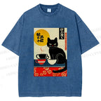 Unisex Cat With Coffee Cups Printed Washed Tee