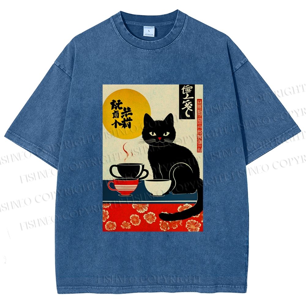 Unisex Cat With Coffee Cups Printed Washed Tee
