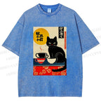 Unisex Cat With Coffee Cups Printed Washed Tee