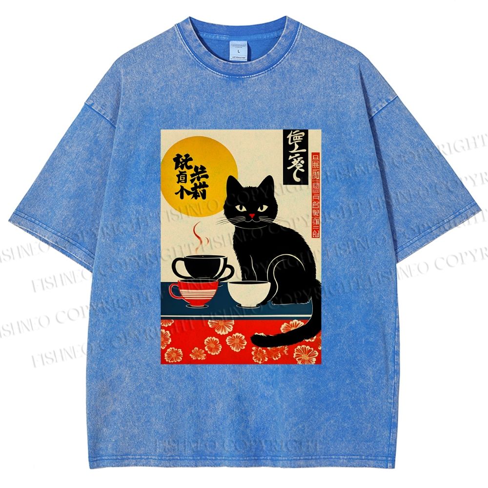 Unisex Cat With Coffee Cups Printed Washed Tee