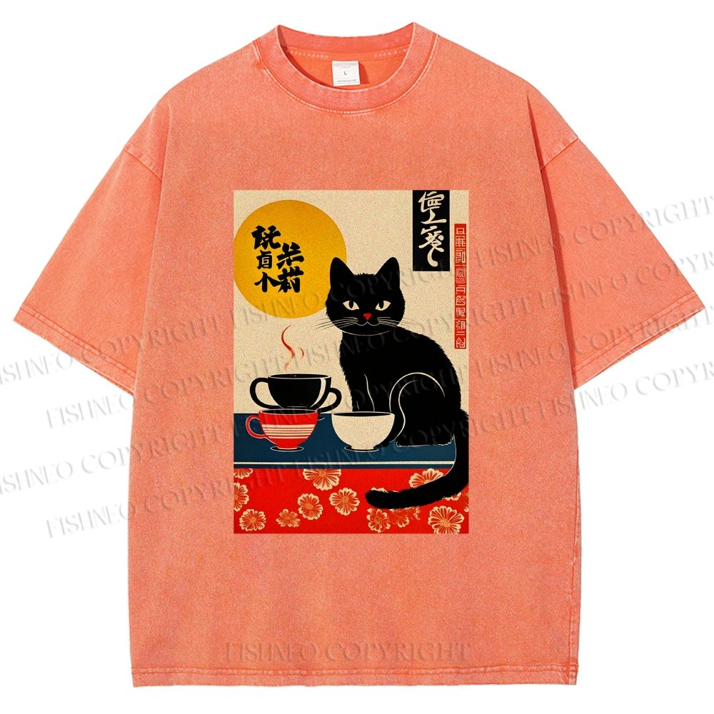 Unisex Cat With Coffee Cups Printed Washed Tee