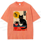 Unisex Cat With Coffee Cups Printed Washed Tee