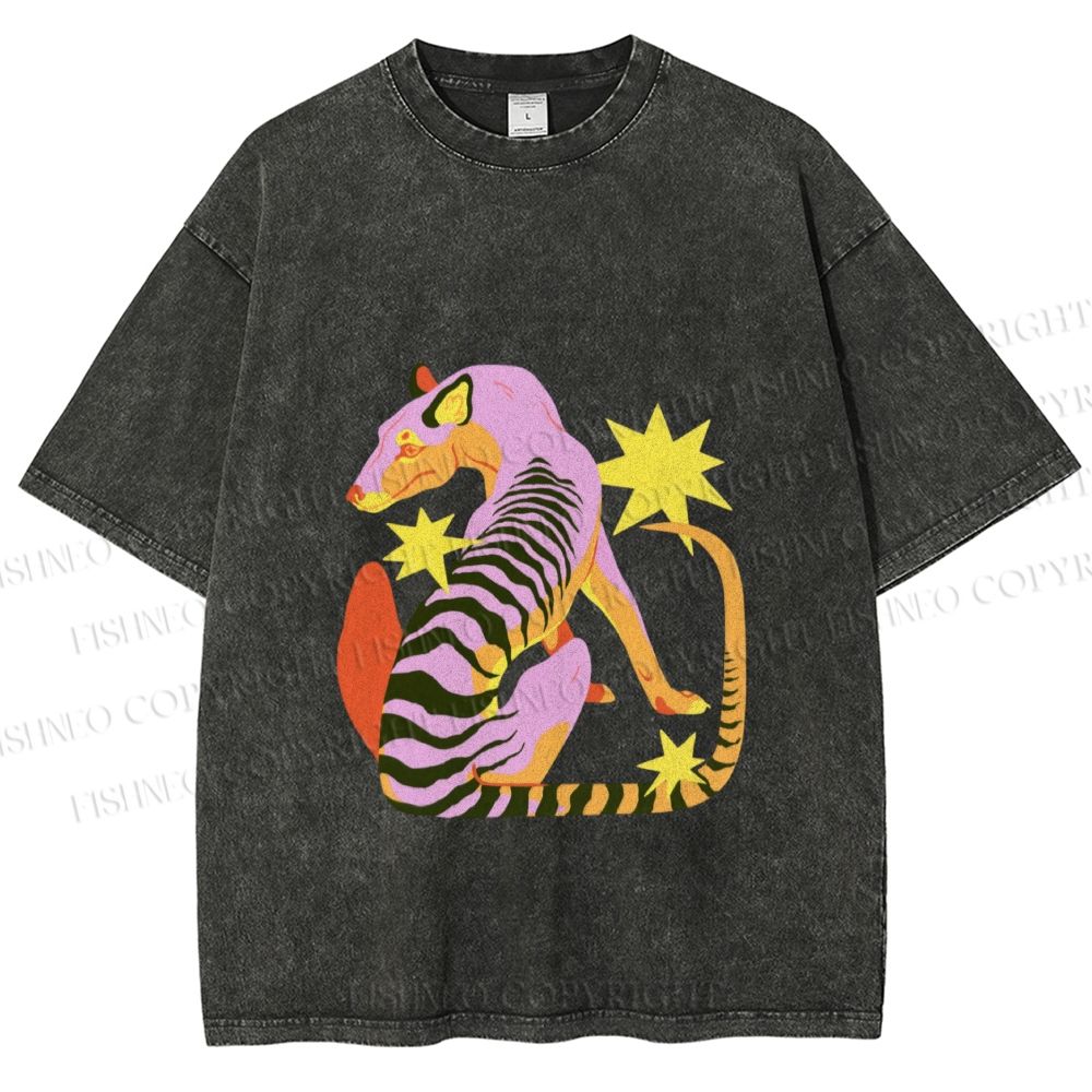 Unisex Folk Thylacine Printed Washed Tee