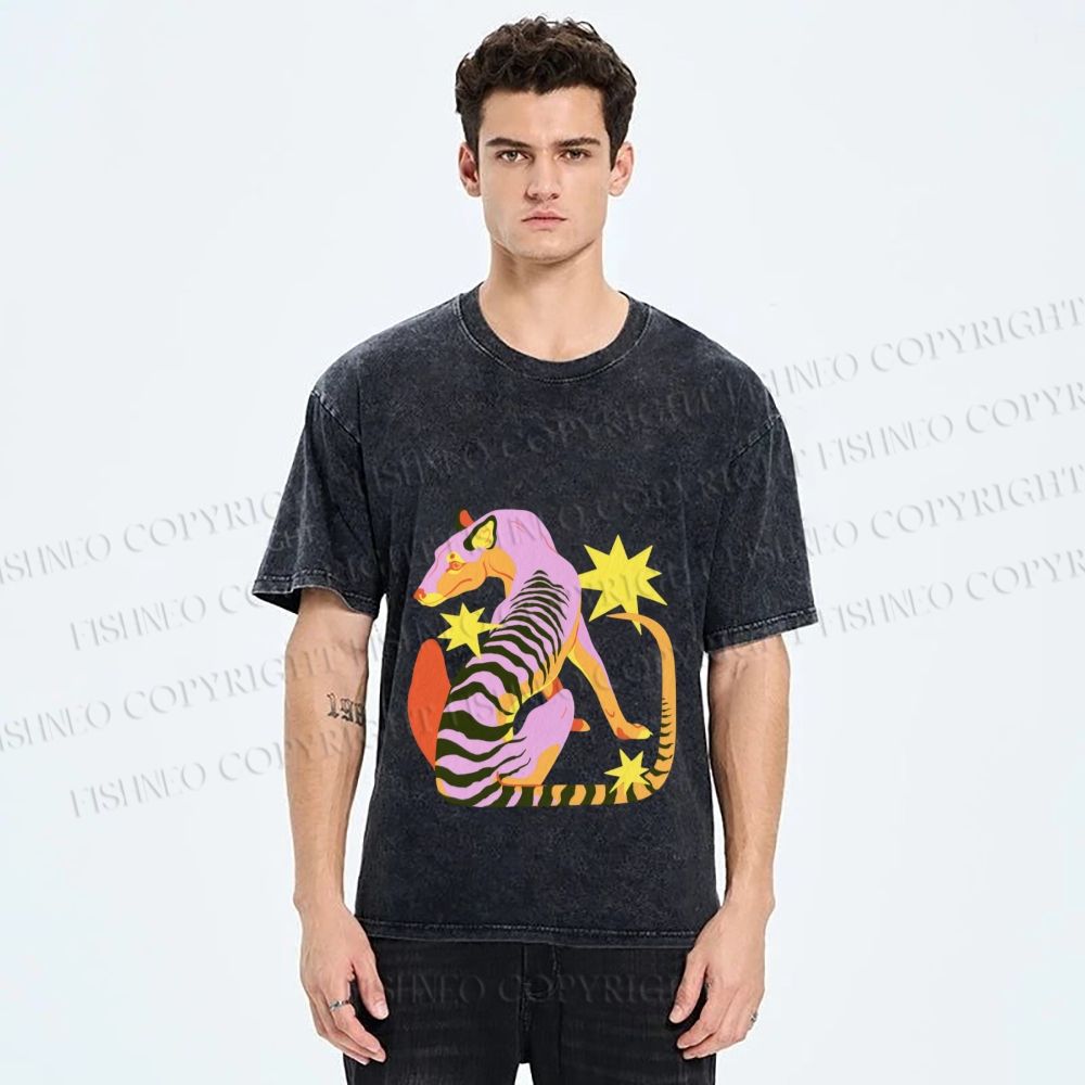 Unisex Folk Thylacine Printed Washed Tee