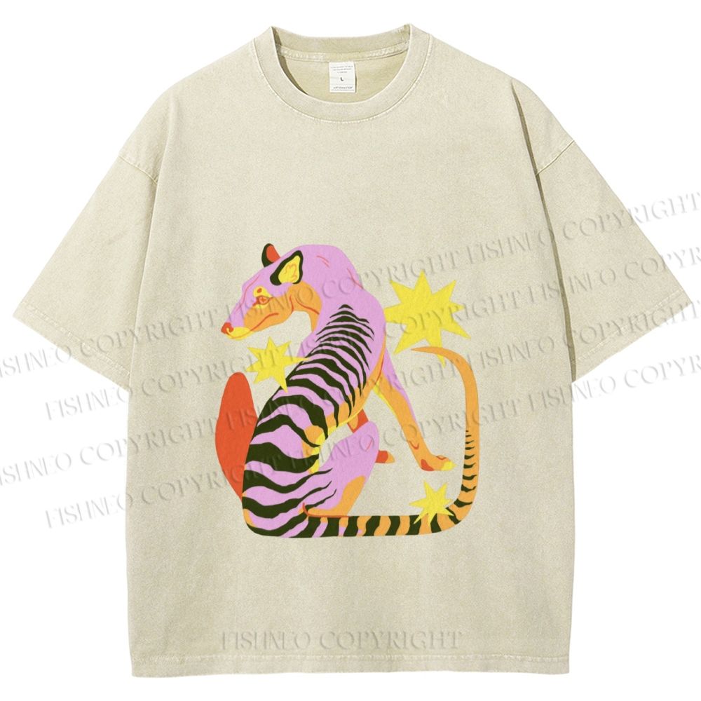 Unisex Folk Thylacine Printed Washed Tee