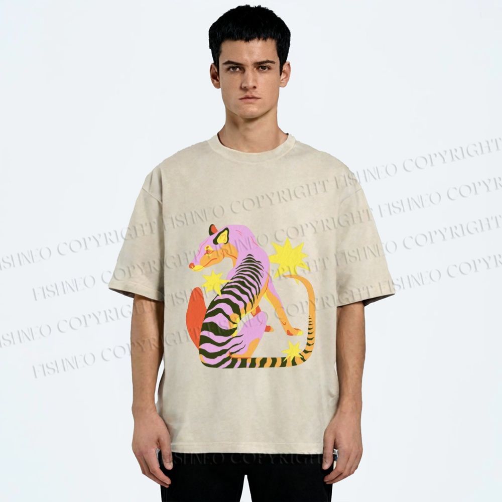 Unisex Folk Thylacine Printed Washed Tee