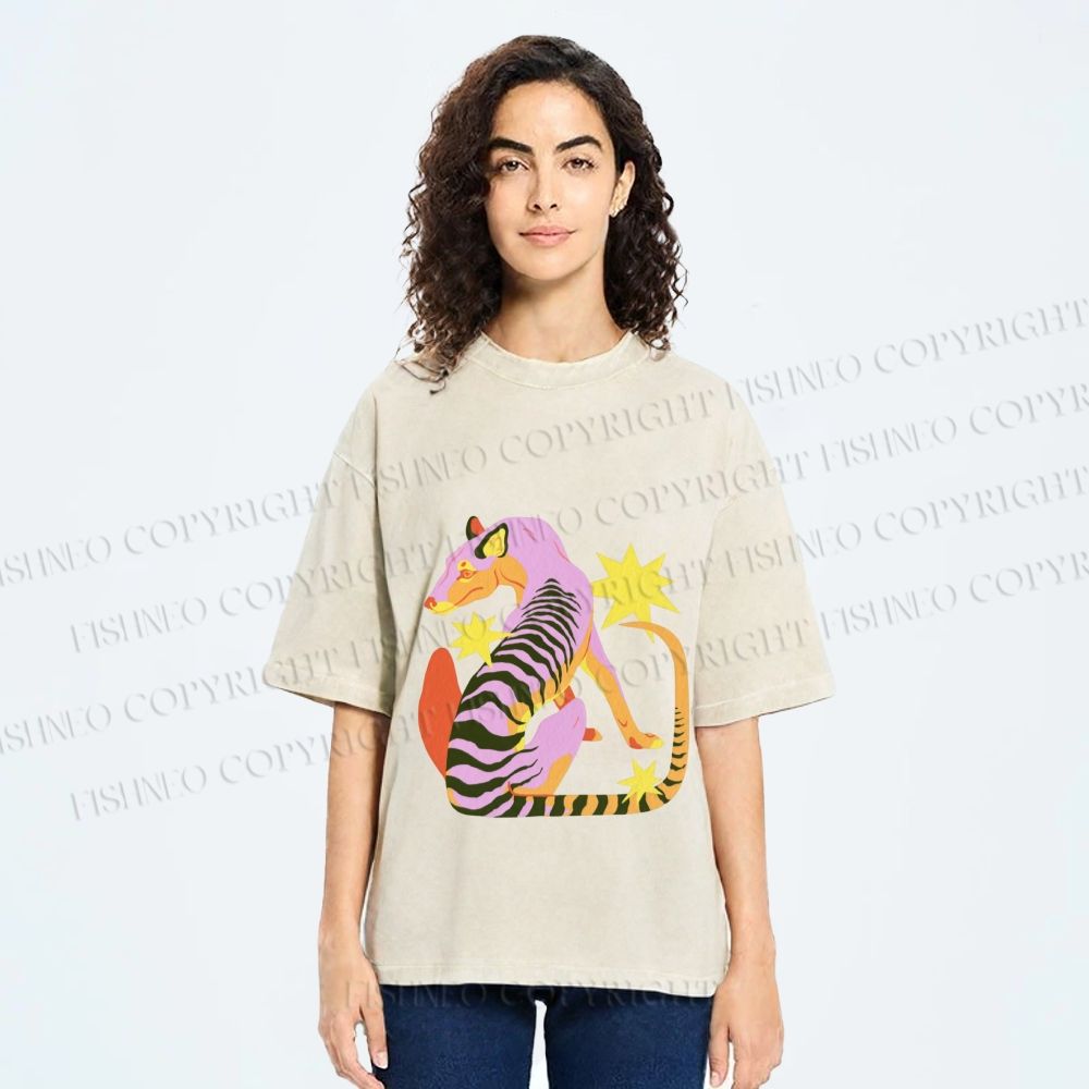 Unisex Folk Thylacine Printed Washed Tee