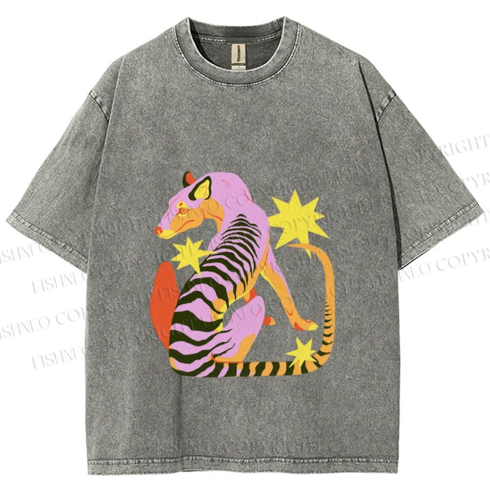 Unisex Folk Thylacine Printed Washed Tee