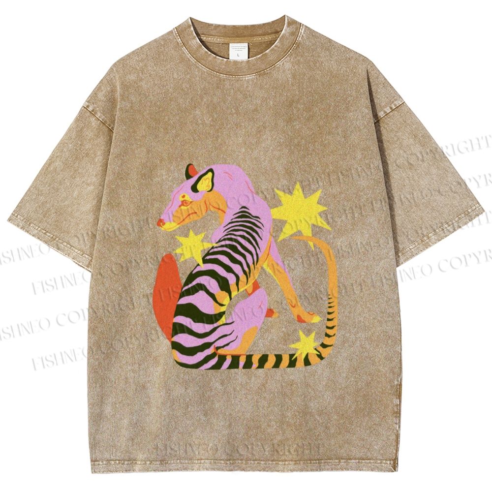 Unisex Folk Thylacine Printed Washed Tee
