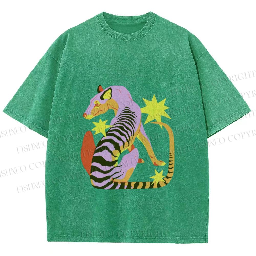 Unisex Folk Thylacine Printed Washed Tee