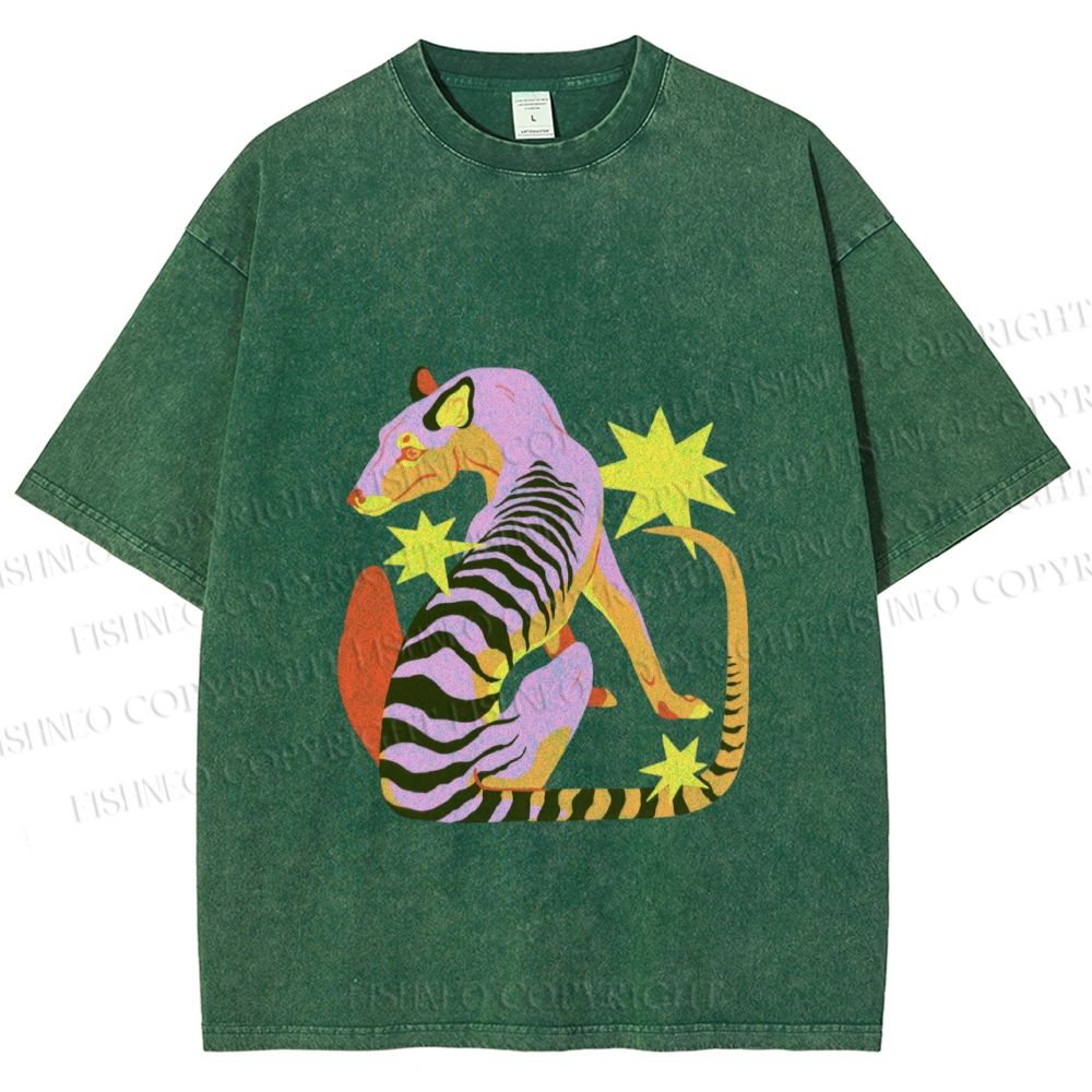 Unisex Folk Thylacine Printed Washed Tee