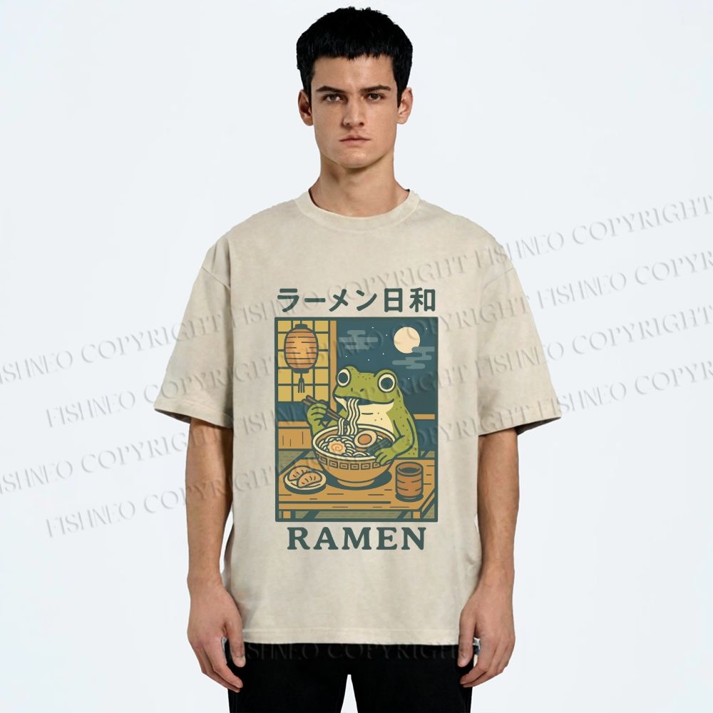 Unisex Frog Ramen Printed Washed Tee