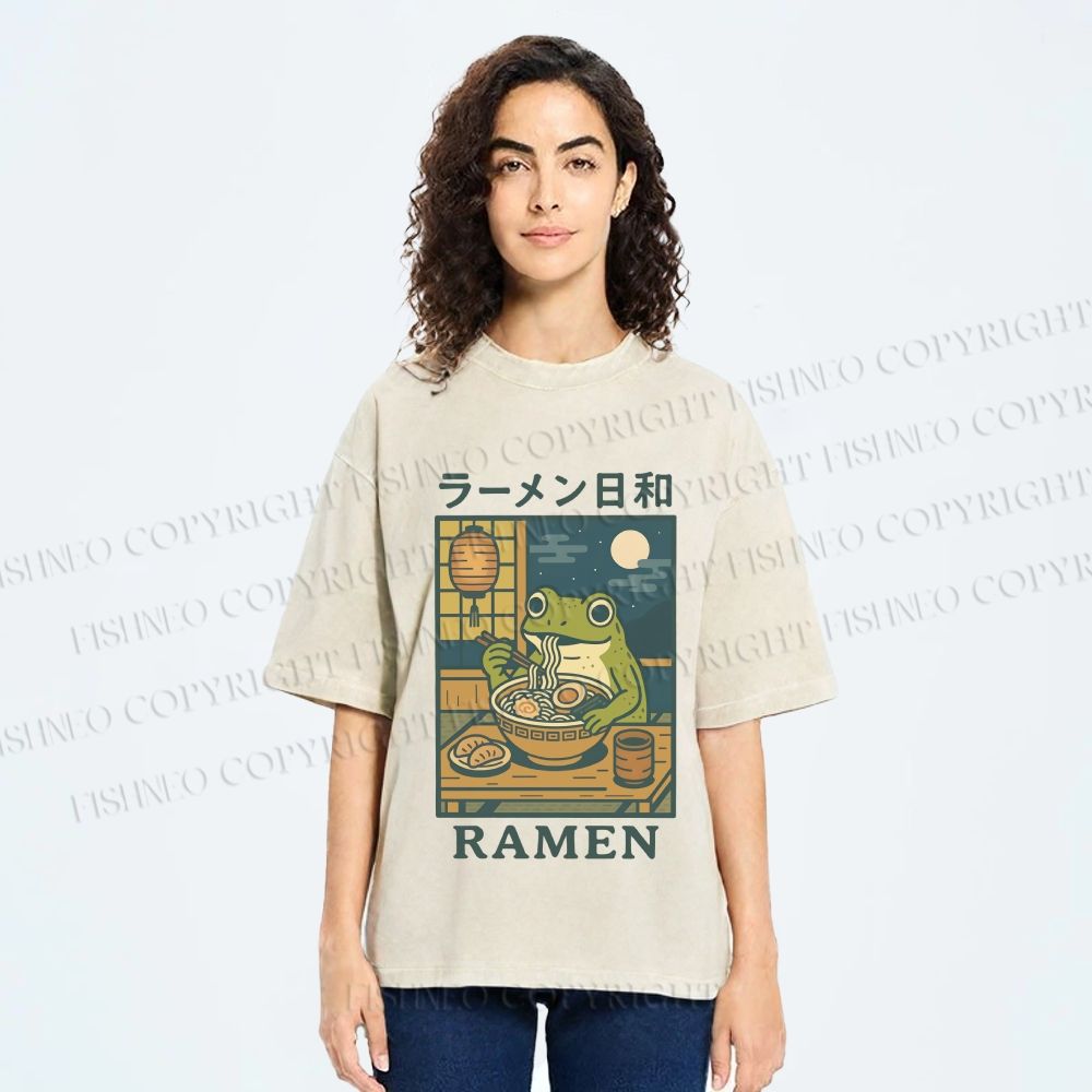 Unisex Frog Ramen Printed Washed Tee