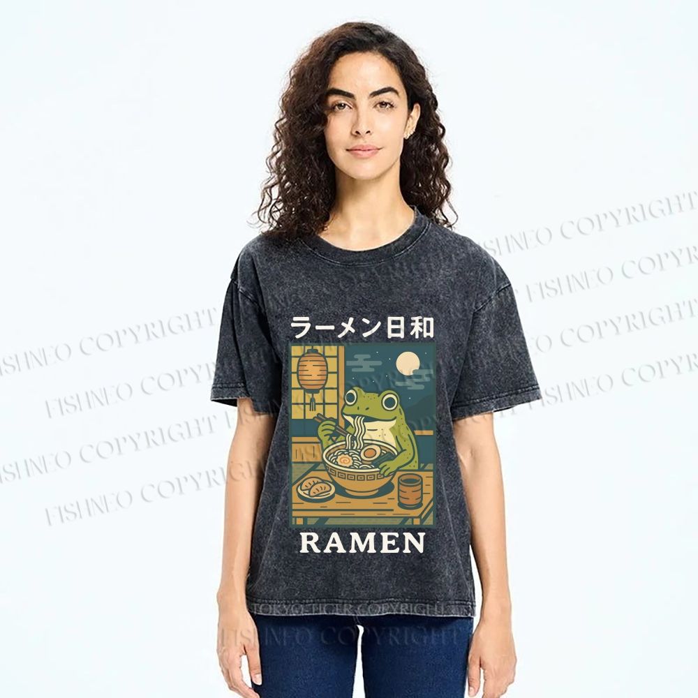 Unisex Frog Ramen Printed Washed Tee