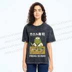 Unisex Frog Sushi Printed Washed Tee